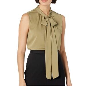 Theory Silk Tie Scarf Sleeveless Olive Green Blouse SMALL